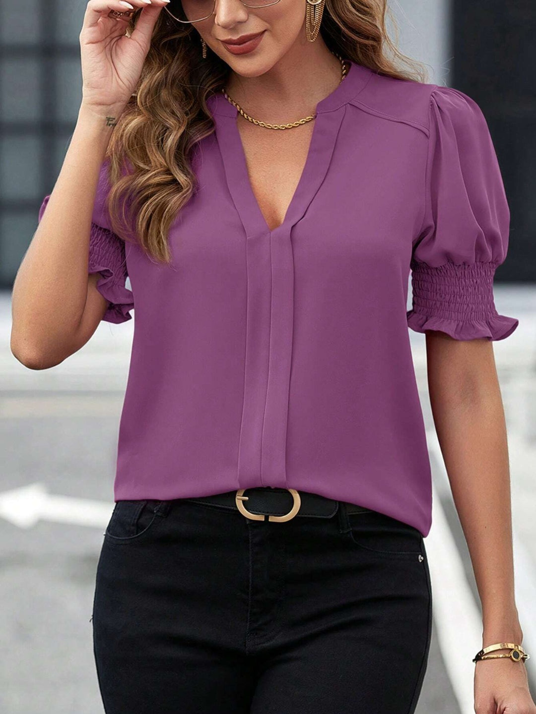 PRE-ORDER: Notched Short Sleeve Blouse