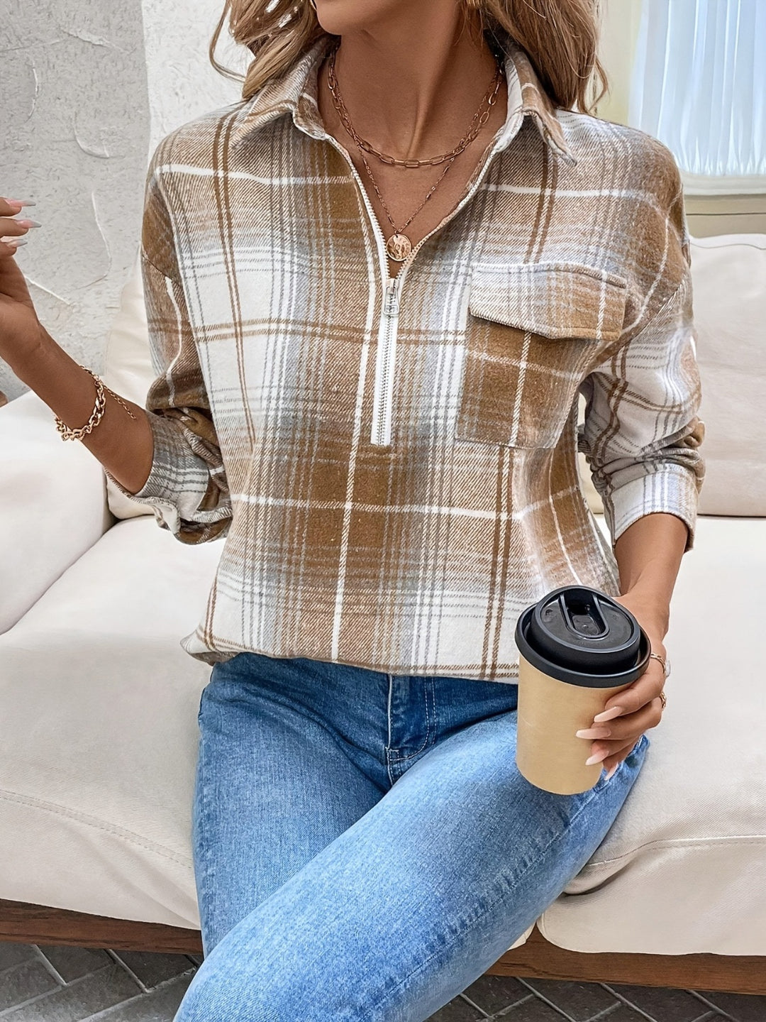 PRE-ORDER: Plaid Collared Neck Half Zip Long Sleeve Top