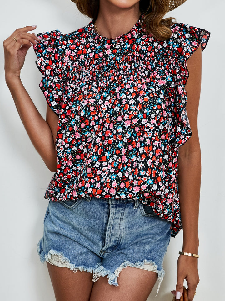 PRE-ORDER: Ruffled Ditsy Floral Mock Neck Cap Sleeve Blouse