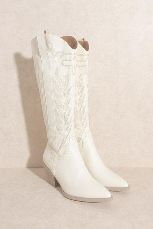 Samara Beige Western Knee High Boots