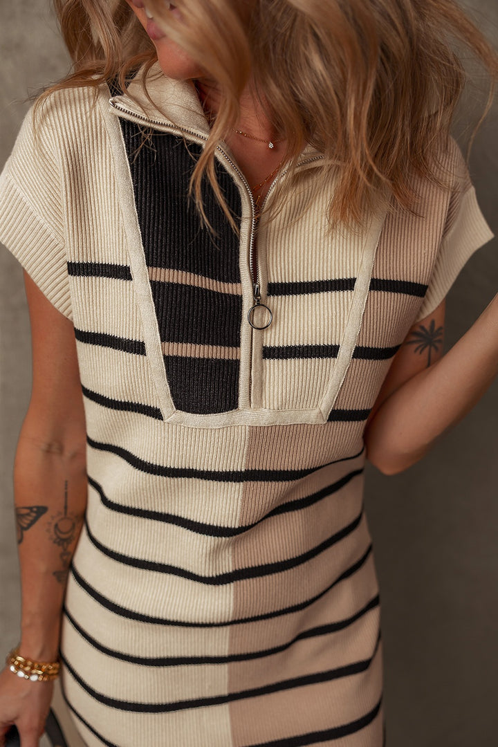 PRE-ORDER: Striped Quarter Zip Cap Sleeve Sweater Dress