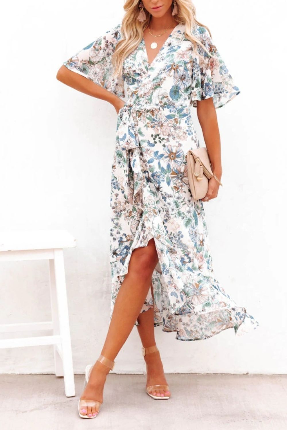 PRE-ORDER: High-Low Printed Surplice Flutter Sleeve Midi Dress