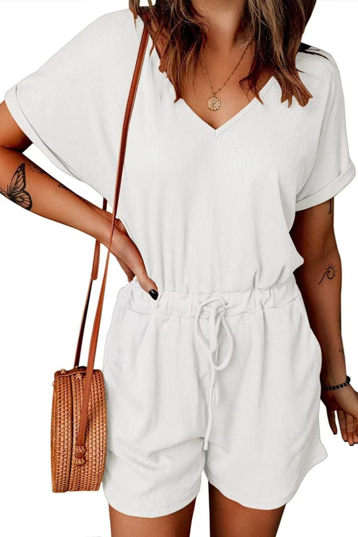 PRE-ORDER: Full Size Drawstring V-Neck Short Sleeve Romper