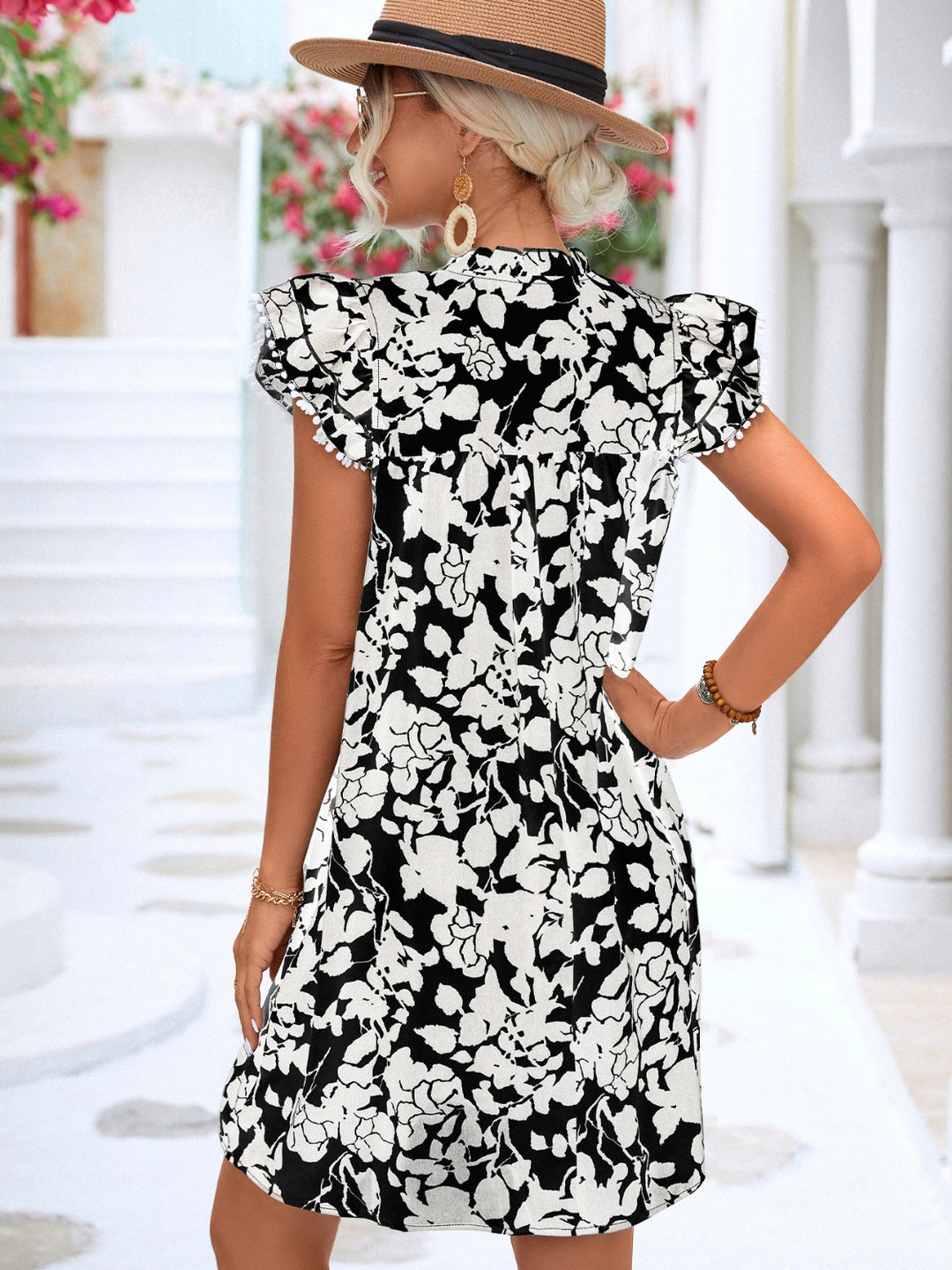 PRE-ORDER: Floral Tie Neck Butterfly Sleeve Dress