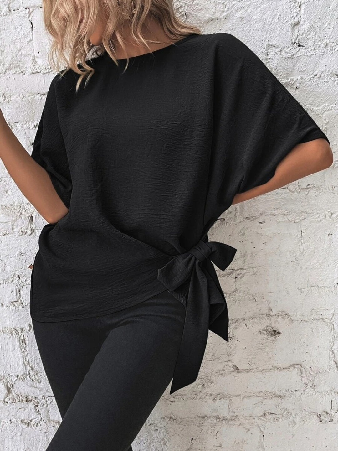 PRE-ORDER: Knotted Round Neck Half Sleeve Blouse