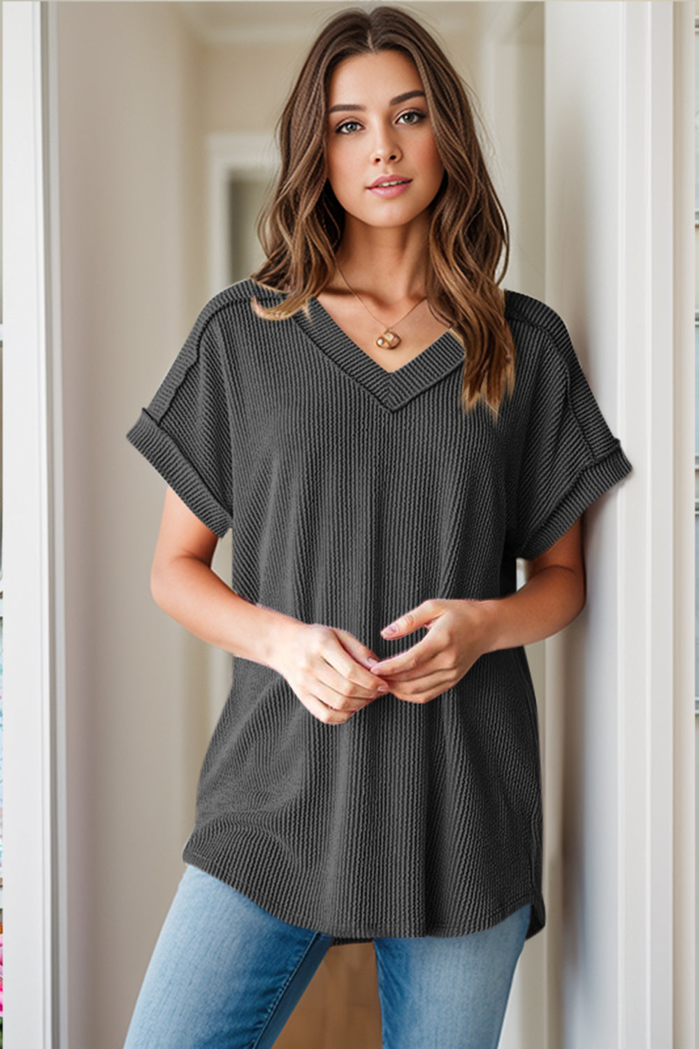 PRE-ORDER: Textured V-Neck Short Sleeve Top