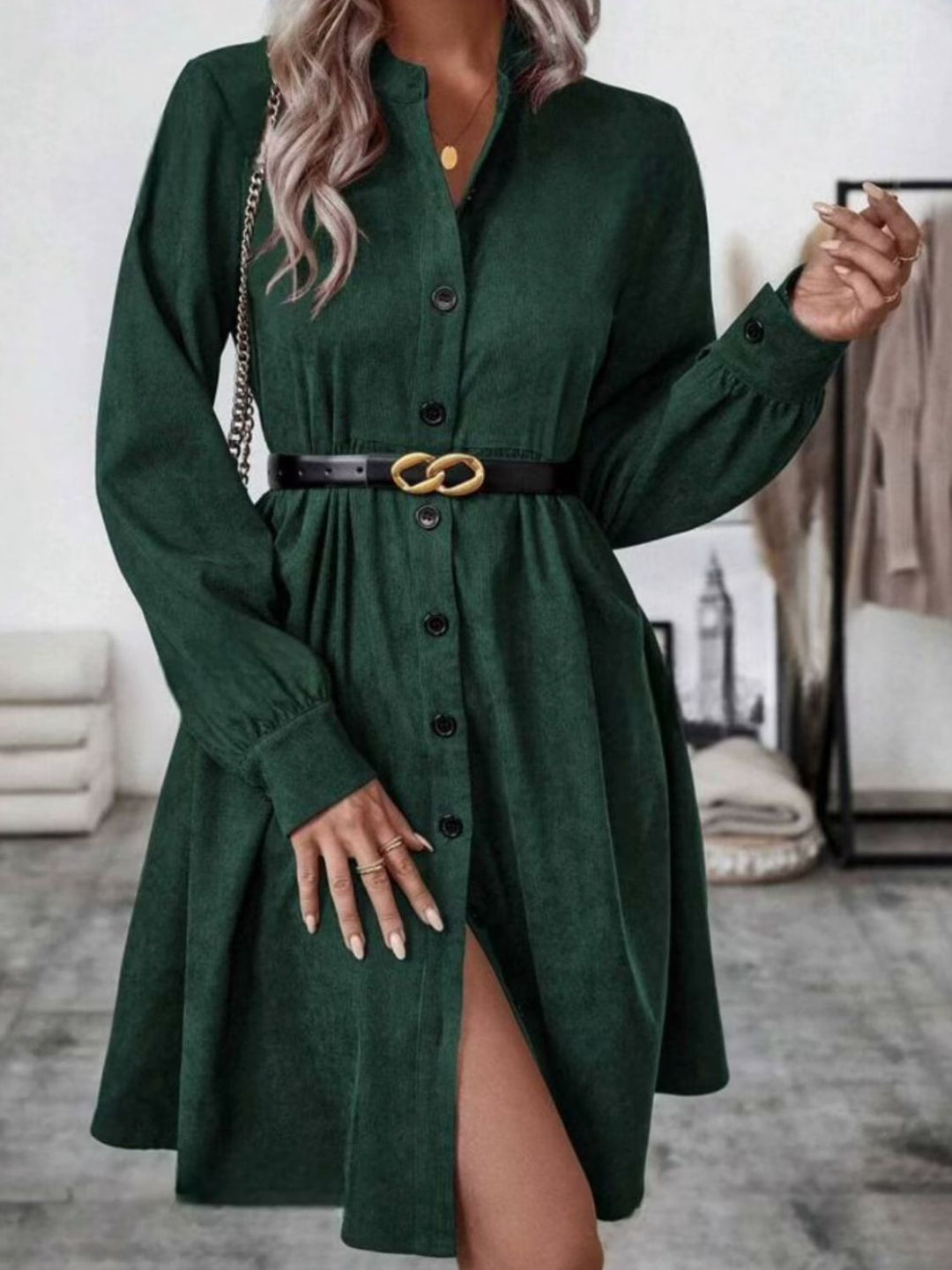 PRE-ORDER: Ruched Button Up Long Sleeve Dress