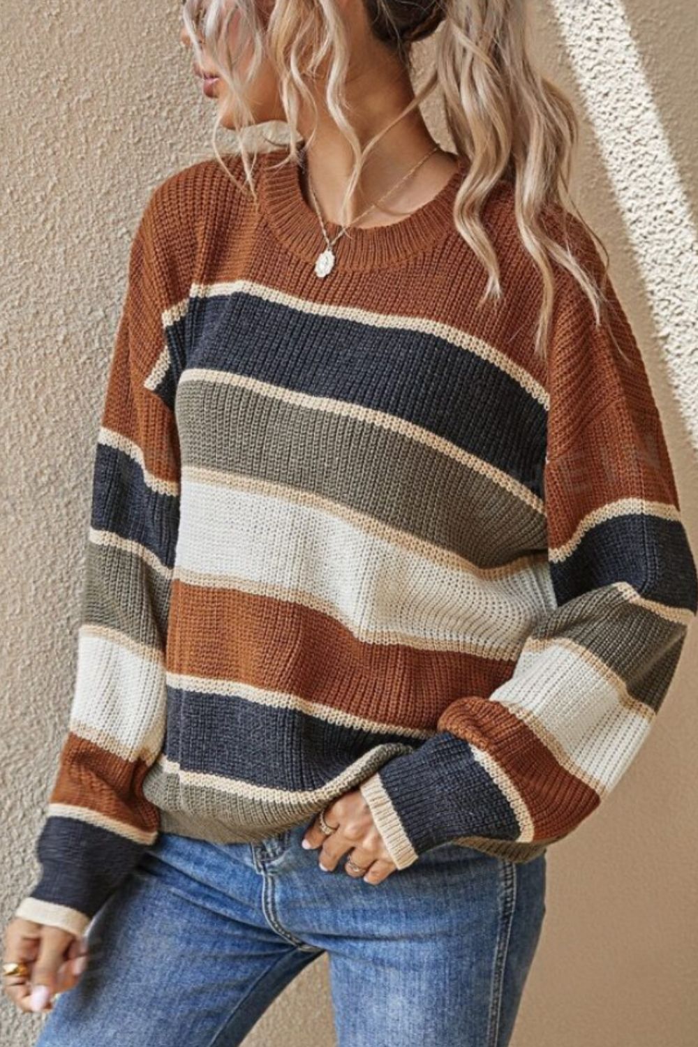 PRE-ORDER: Contrast Striped Round Neck Long Sleeve Sweater