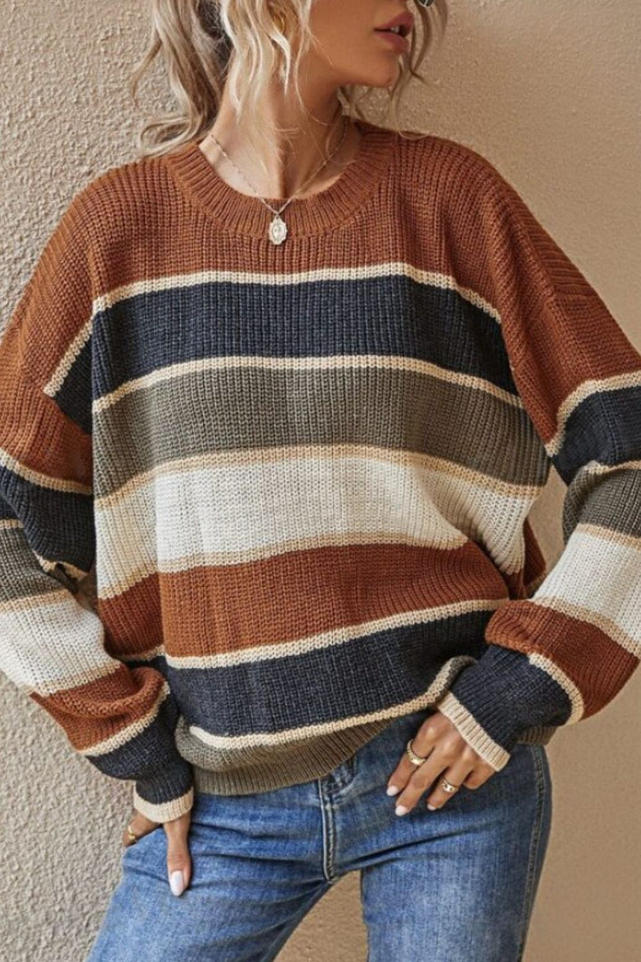 PRE-ORDER: Contrast Striped Round Neck Long Sleeve Sweater