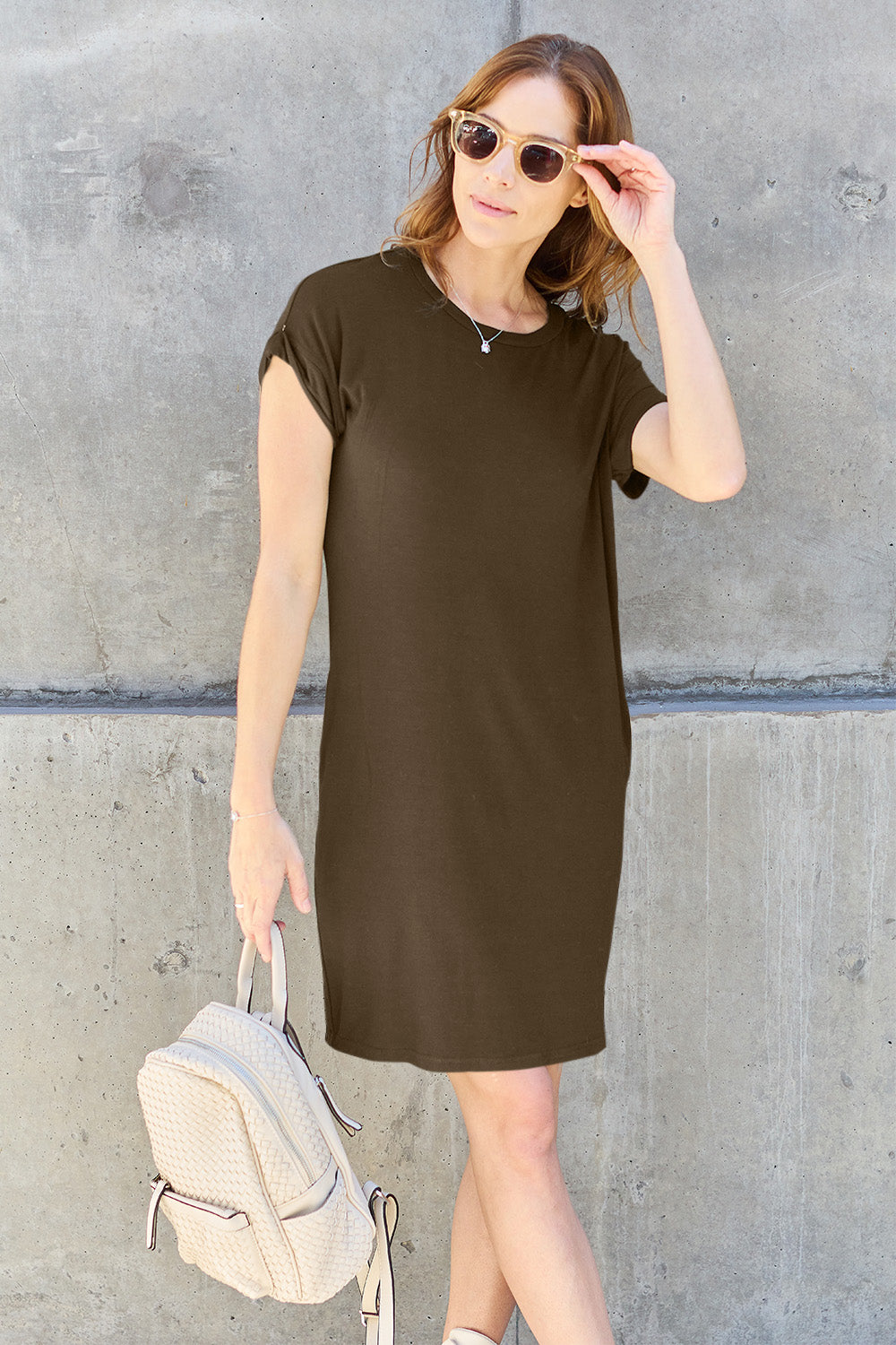 PRE-ORDER: Basic Bae Full Size Round Neck Short Sleeve Dress with Pockets