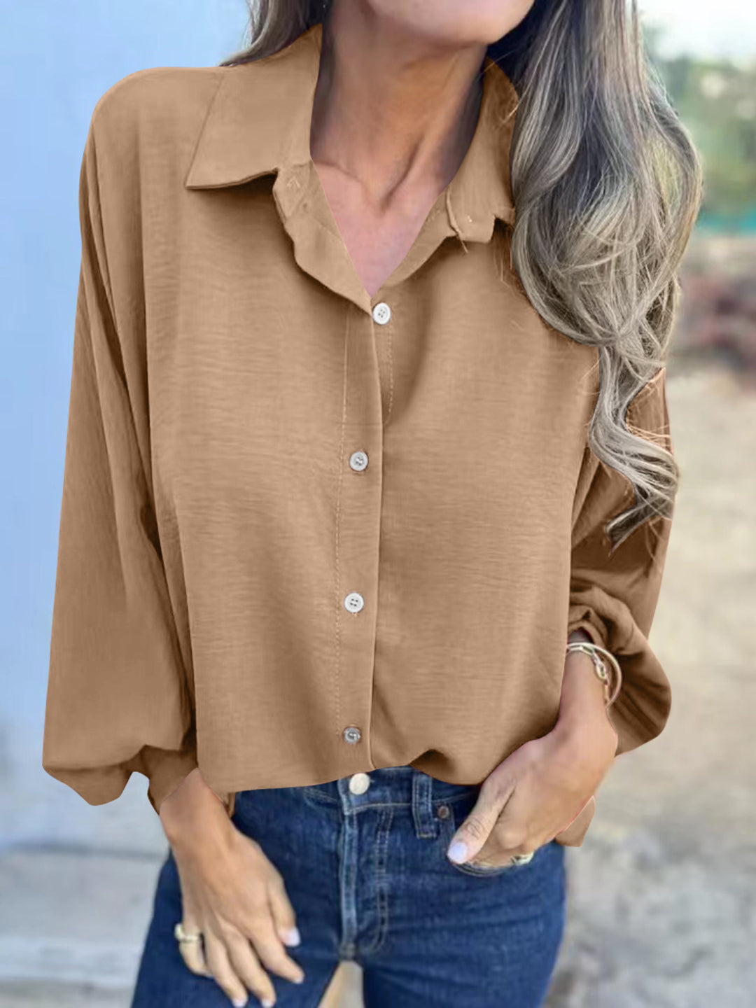 PRE-ORDER: Full Size Collared Neck Long Sleeve Shirt