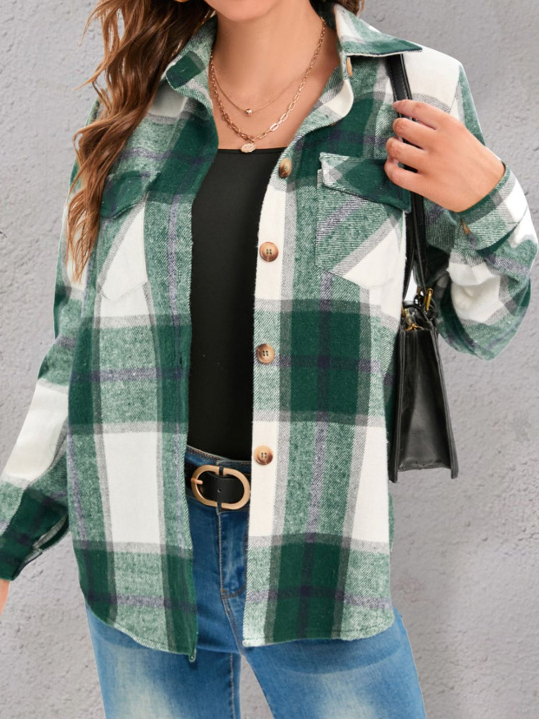 PRE-ORDER: Full Size Pocketed Plaid Collared Neck Shacket