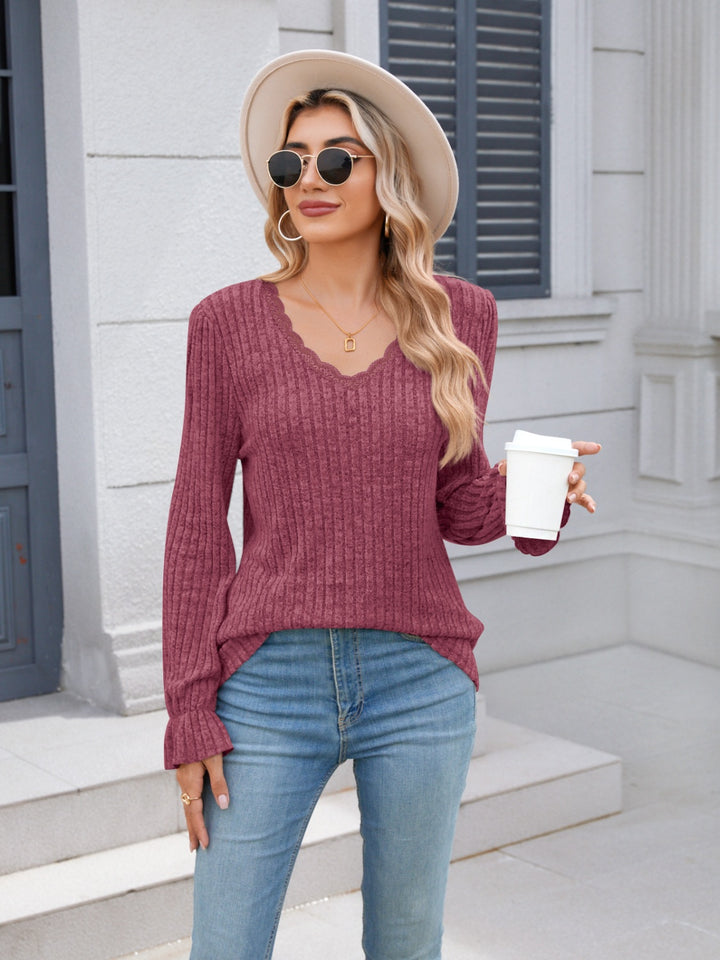 PRE-ORDER: Lace Detail V-Neck Long Sleeve T-Shirt