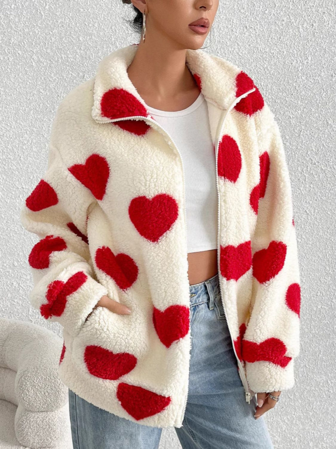 PRE-ORDER: Heart Zip Up Drop Shoulder Furry Jacket