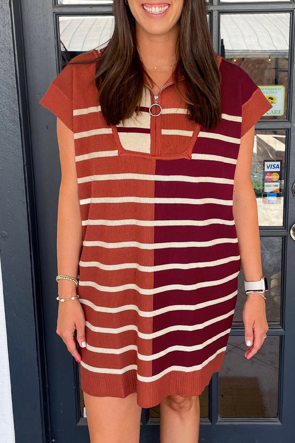 PRE-ORDER: Striped Quarter Zip Cap Sleeve Sweater Dress