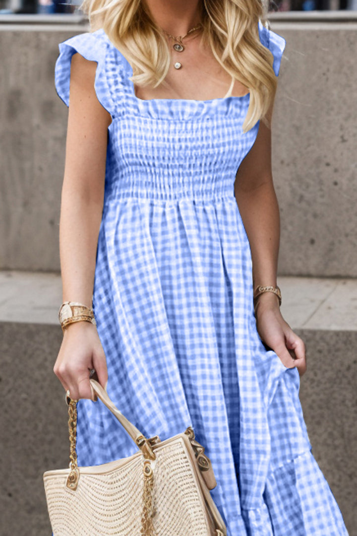 PRE-ORDER: Full Size Smocked Ruffled Plaid Ruffle Hem Dress