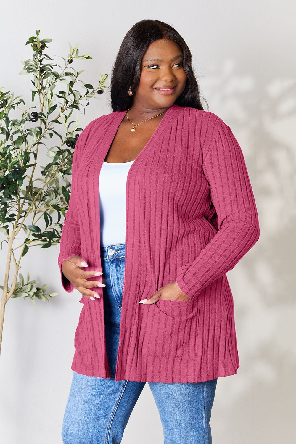 PRE-ORDER: Basic Bae Full Size Ribbed Open Front Cardigan with Pockets