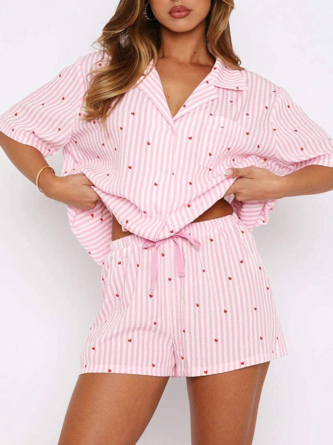 PRE-ORDER: Valentine's Day Printed Collared Neck Short Sleeve Top and Shorts Set