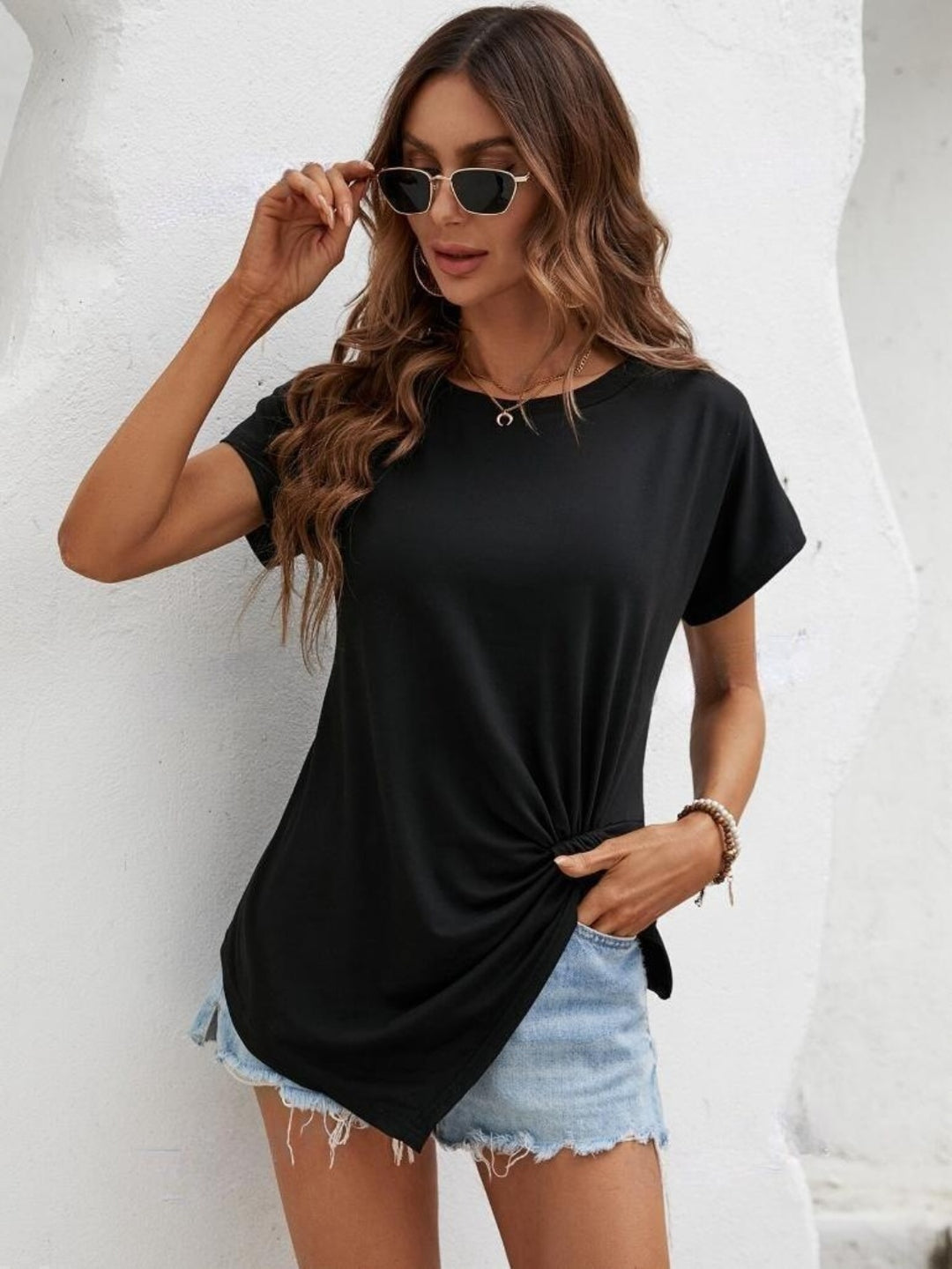 PRE-ORDER: Asymmetric Hem Round Neck T-Shirt