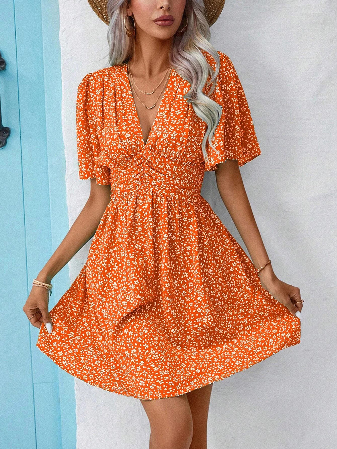 PRE-ORDER: Printed V-Neck Half Sleeve Mini Dress