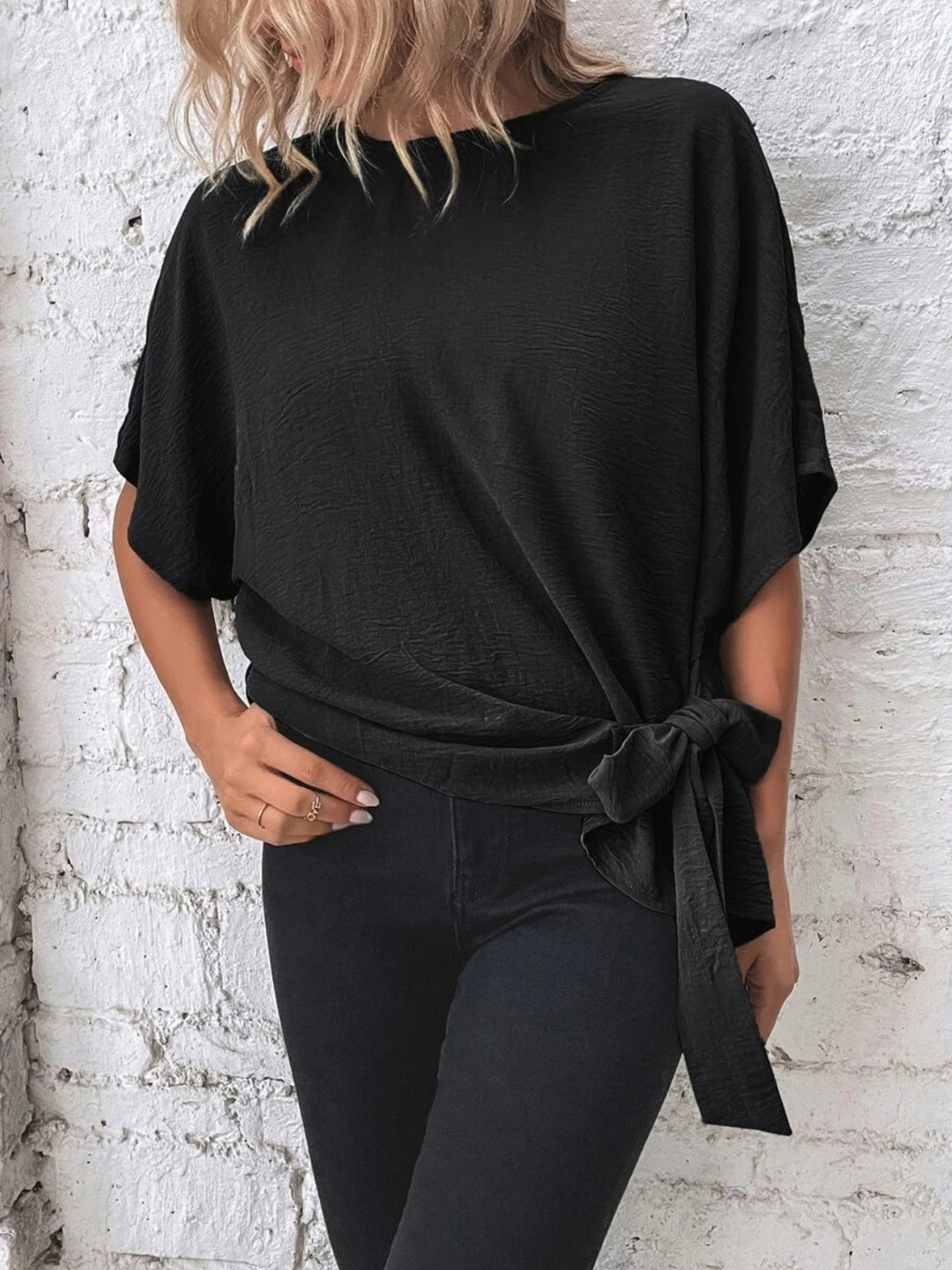 PRE-ORDER: Knotted Round Neck Half Sleeve Blouse