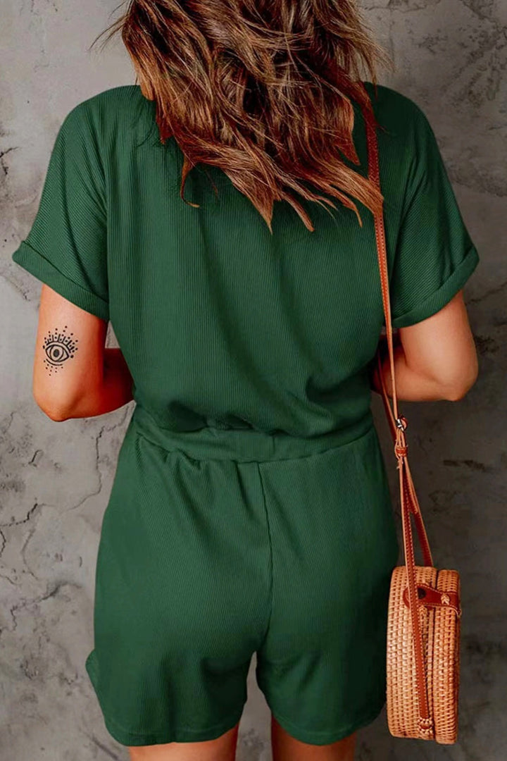 PRE-ORDER: Full Size Drawstring V-Neck Short Sleeve Romper