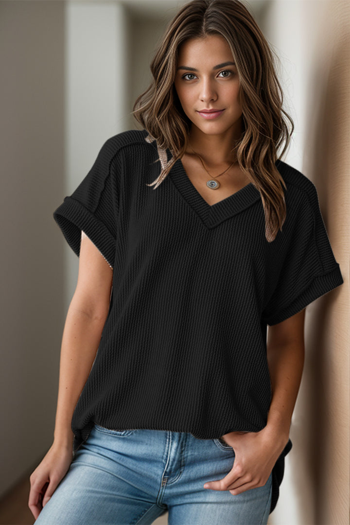 PRE-ORDER: Textured V-Neck Short Sleeve Top