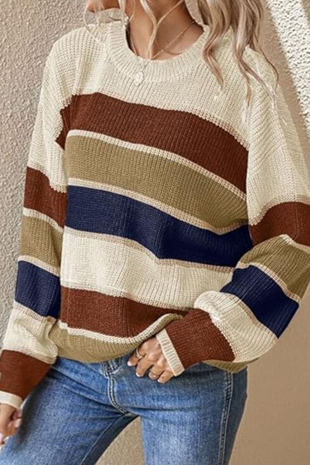 PRE-ORDER: Contrast Striped Round Neck Long Sleeve Sweater