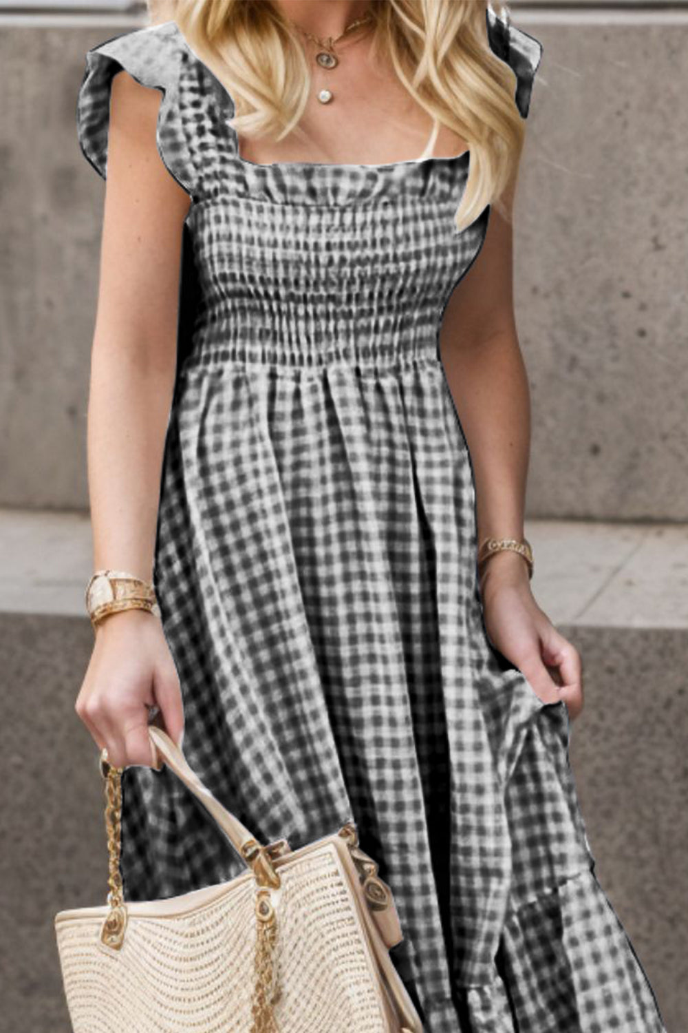 PRE-ORDER: Full Size Smocked Ruffled Plaid Ruffle Hem Dress