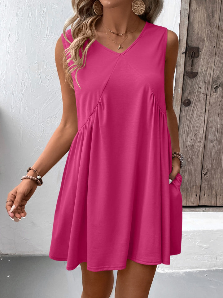 PRE-ORDER: Ruched V-Neck Sleeveless Mini Dress