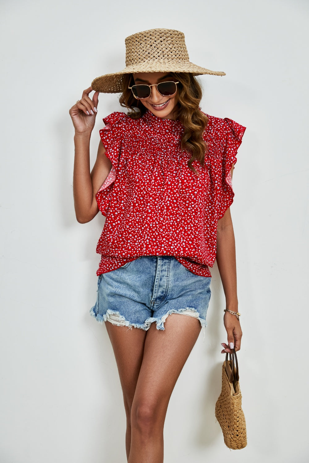 PRE-ORDER: Ruffled Ditsy Floral Mock Neck Cap Sleeve Blouse