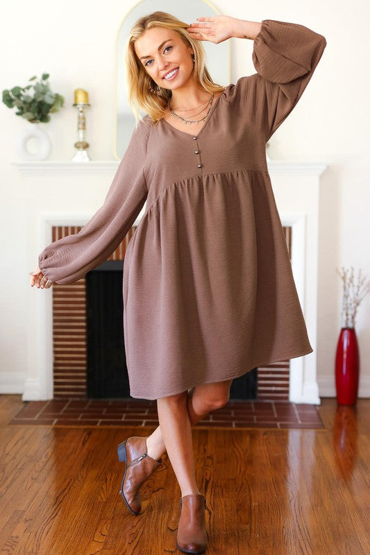 Beautiful You Mocha Woven Waffle V Neck Babydoll Dress