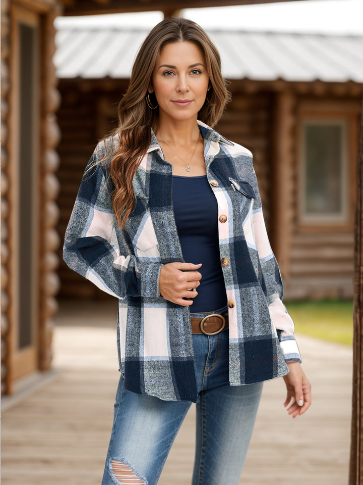 PRE-ORDER: Full Size Pocketed Plaid Collared Neck Shacket