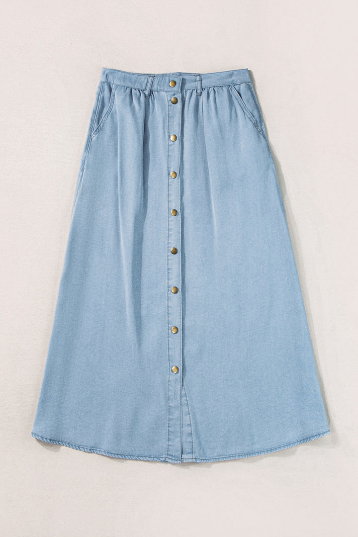 PRE-ORDER: Snap Down High Waist Denim Skirt