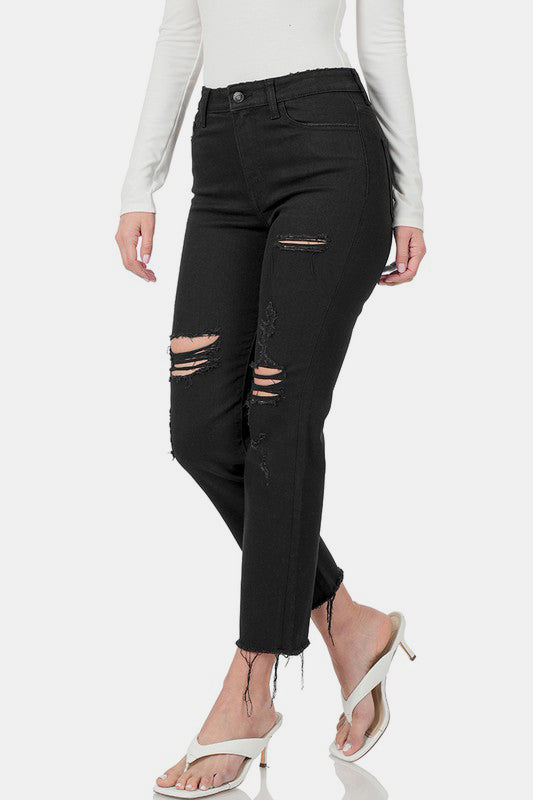 PRE-ORDER: Zenana Distressed Raw Hem Cropped Jeans