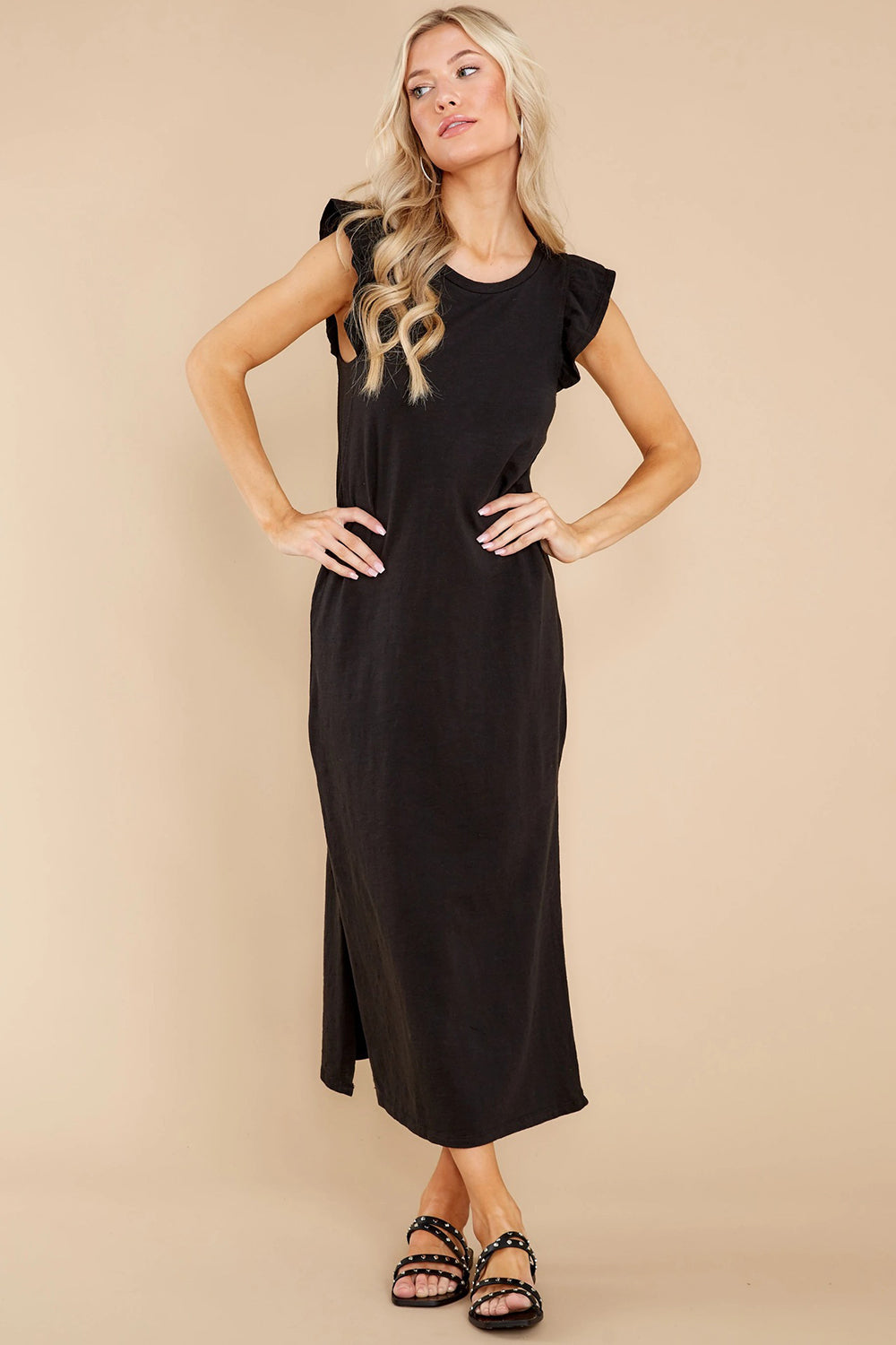 PRE-ORDER: Ruffled Slit Round Neck Cap Sleeve Dress