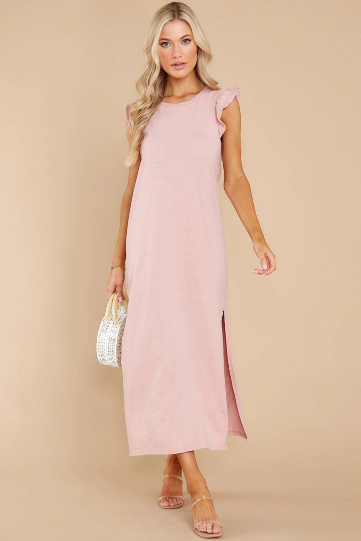 PRE-ORDER: Ruffled Slit Round Neck Cap Sleeve Dress