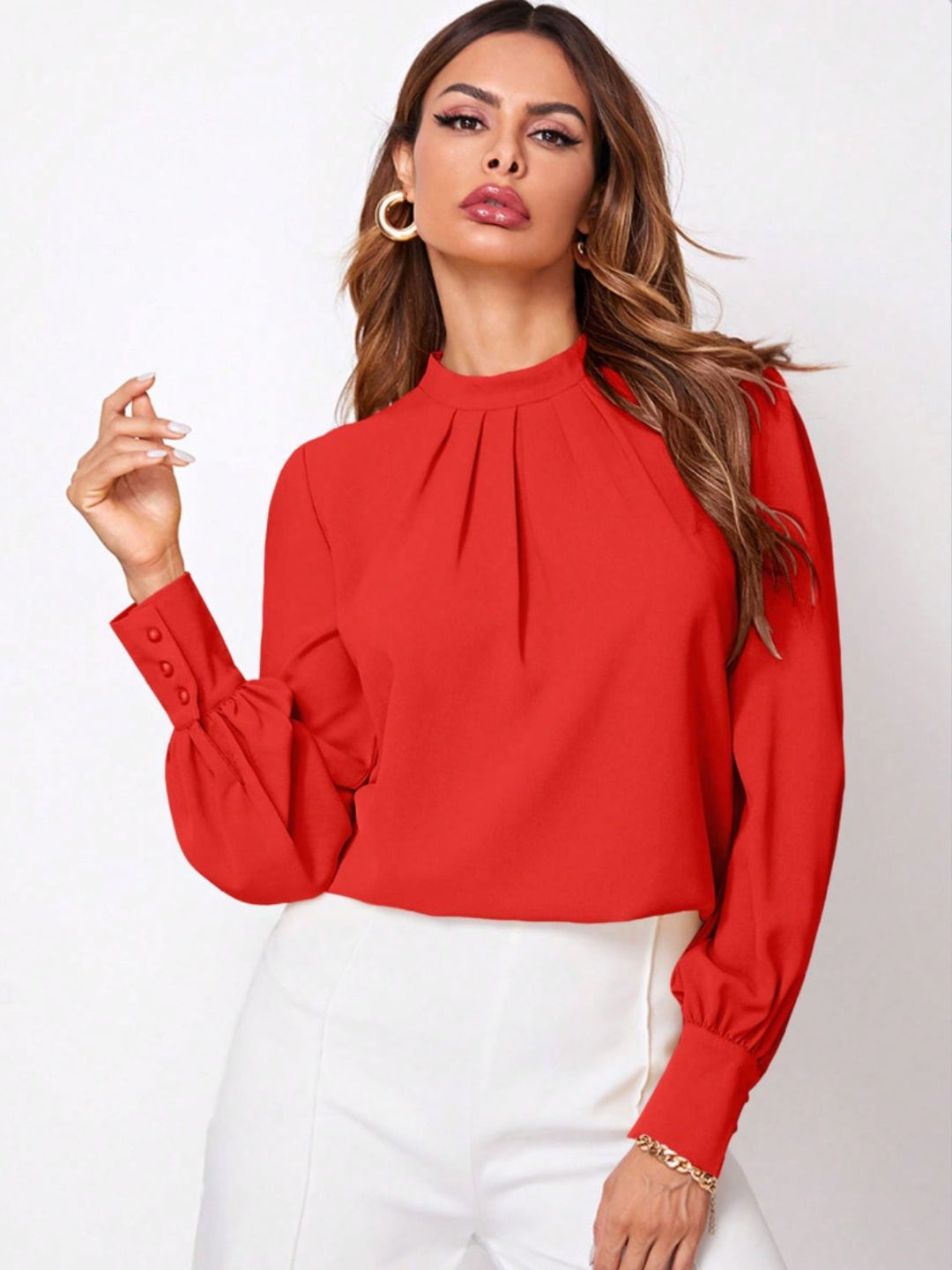 PRE-ORDER: Ruched Mock Neck Long Sleeve Blouse