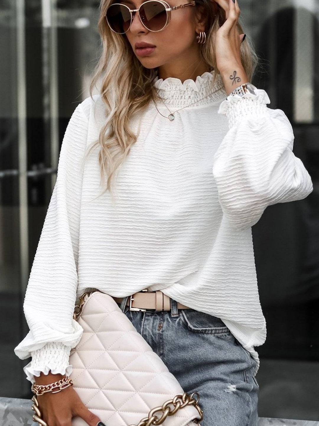 PRE-ORDER: Smocked Frill Mock Neck Long Sleeve Blouse