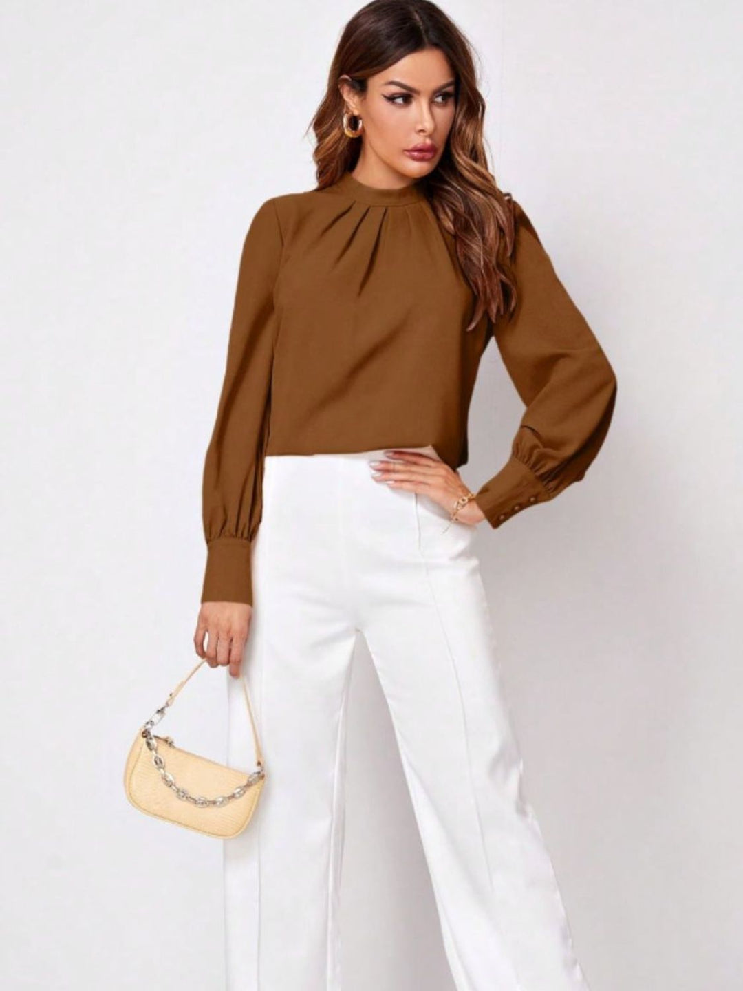 PRE-ORDER: Ruched Mock Neck Long Sleeve Blouse