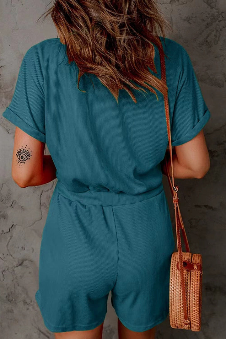 PRE-ORDER: Full Size Drawstring V-Neck Short Sleeve Romper