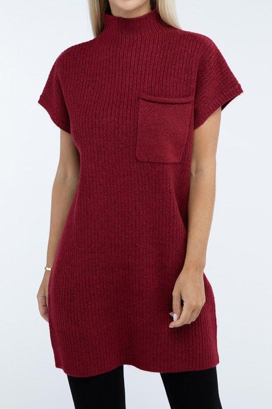 Mock Neck Short Sleeve Sweater Dress with Pocket