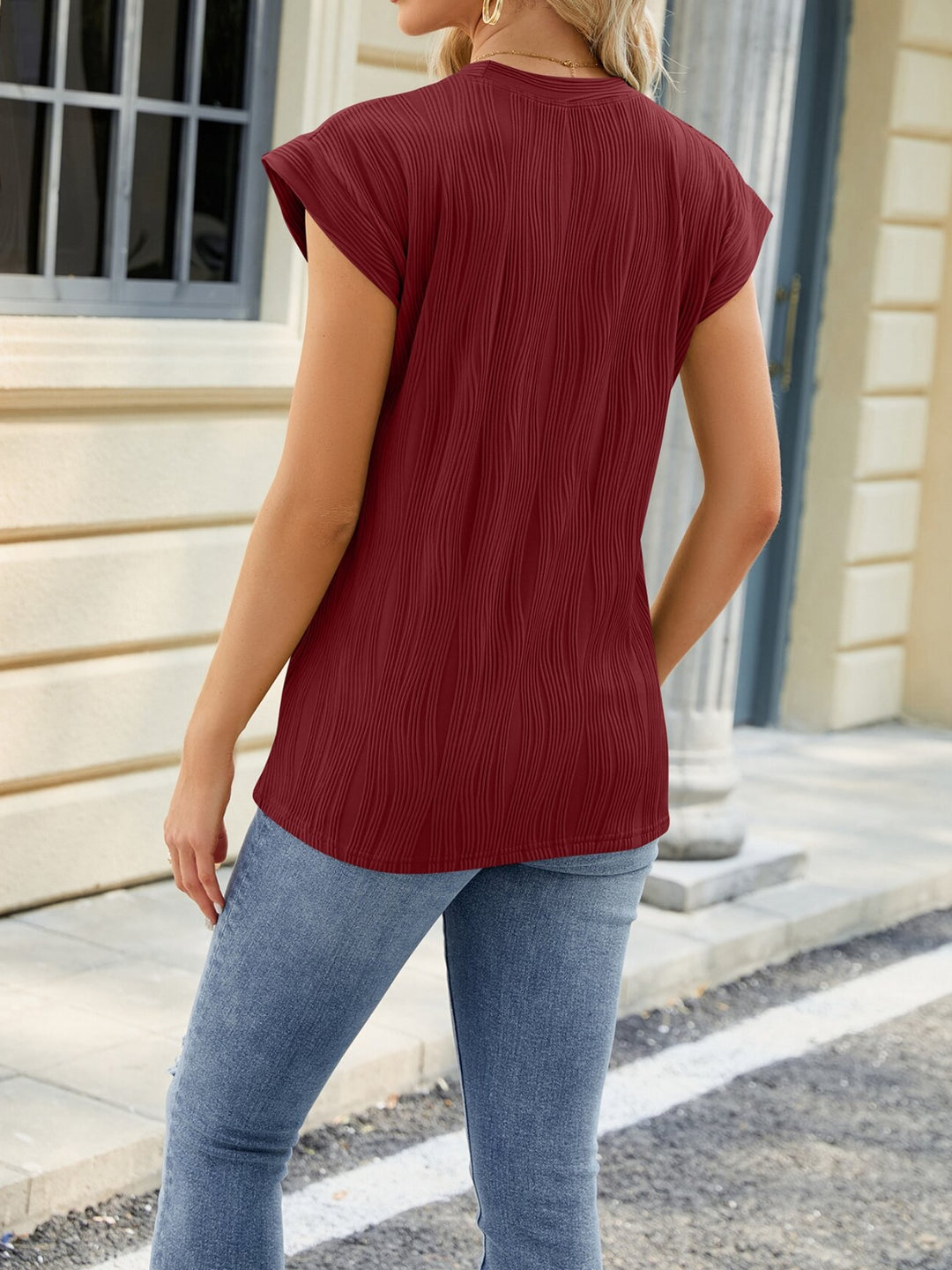 PRE-ORDER: Textured Round Neck Cap Sleeve T-Shirt