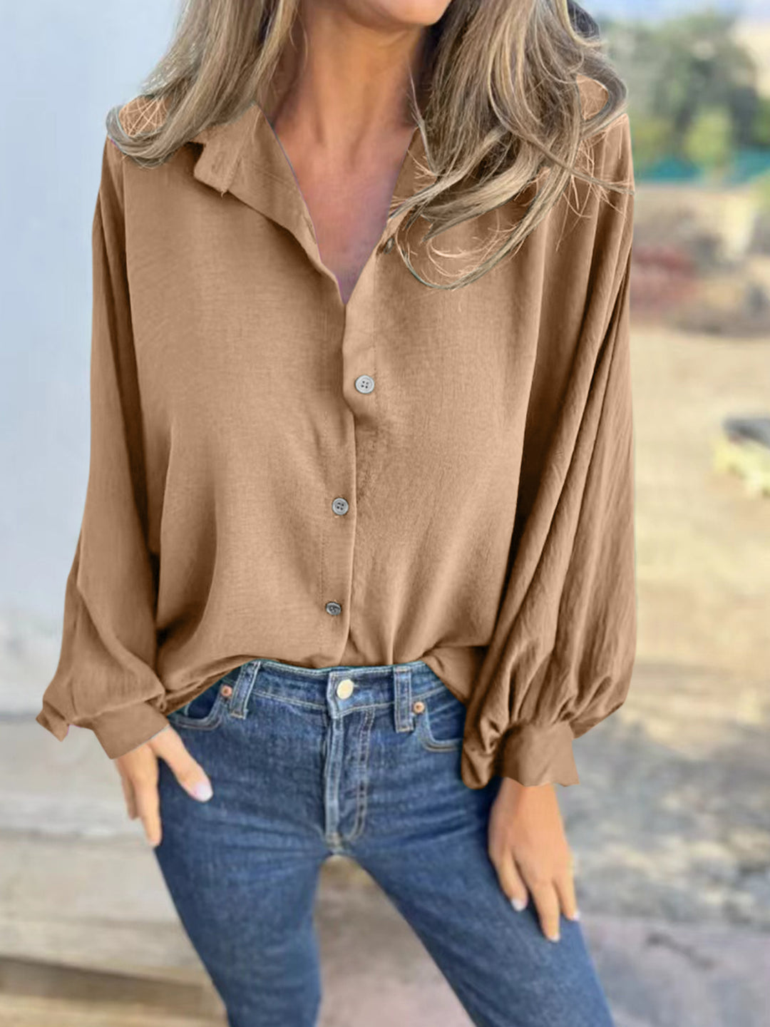 PRE-ORDER: Full Size Collared Neck Long Sleeve Shirt