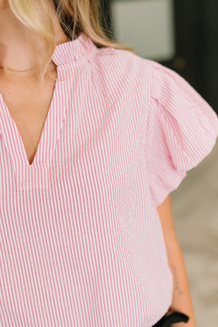 Beauty & Brains Textured Split Neck Blouse