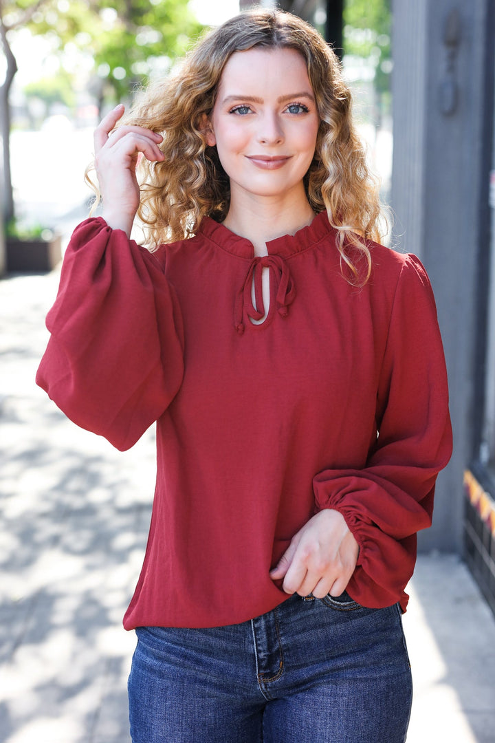 Feeling Femme Off Burgundy Frilled Edge V Neck Tie Top