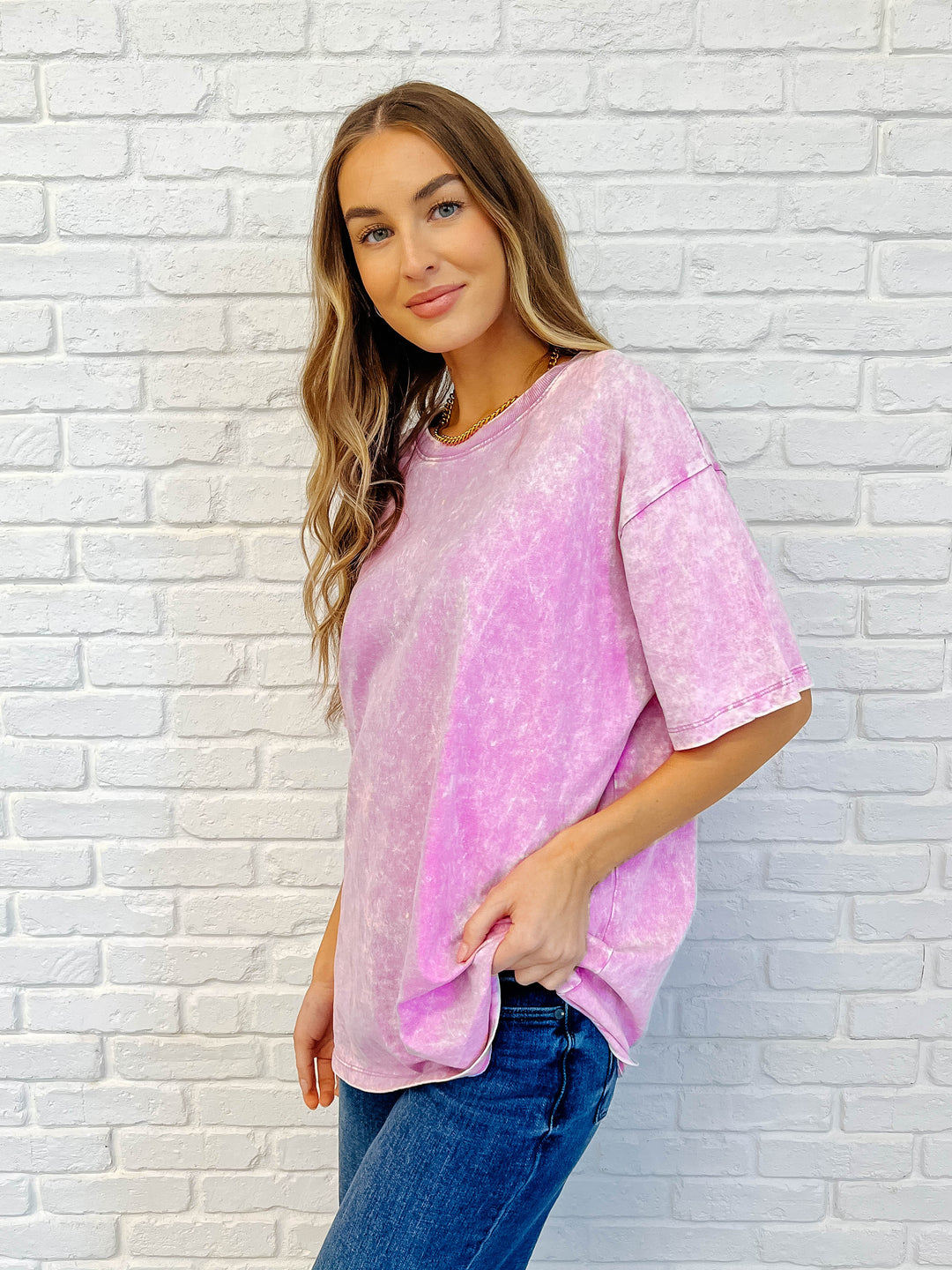 Casual Basic Drop Shoulder Oversized Tee in Bright Mauve