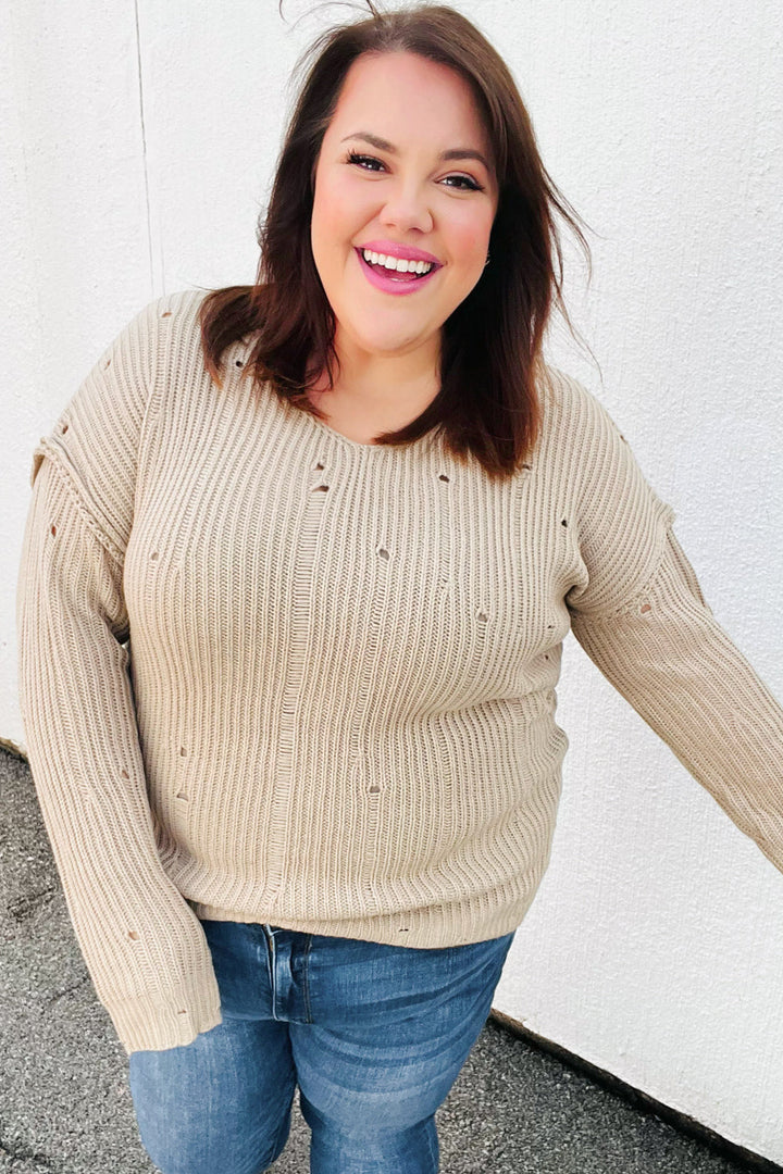 Dueling Dreams Taupe Distressed V Neck Sweater