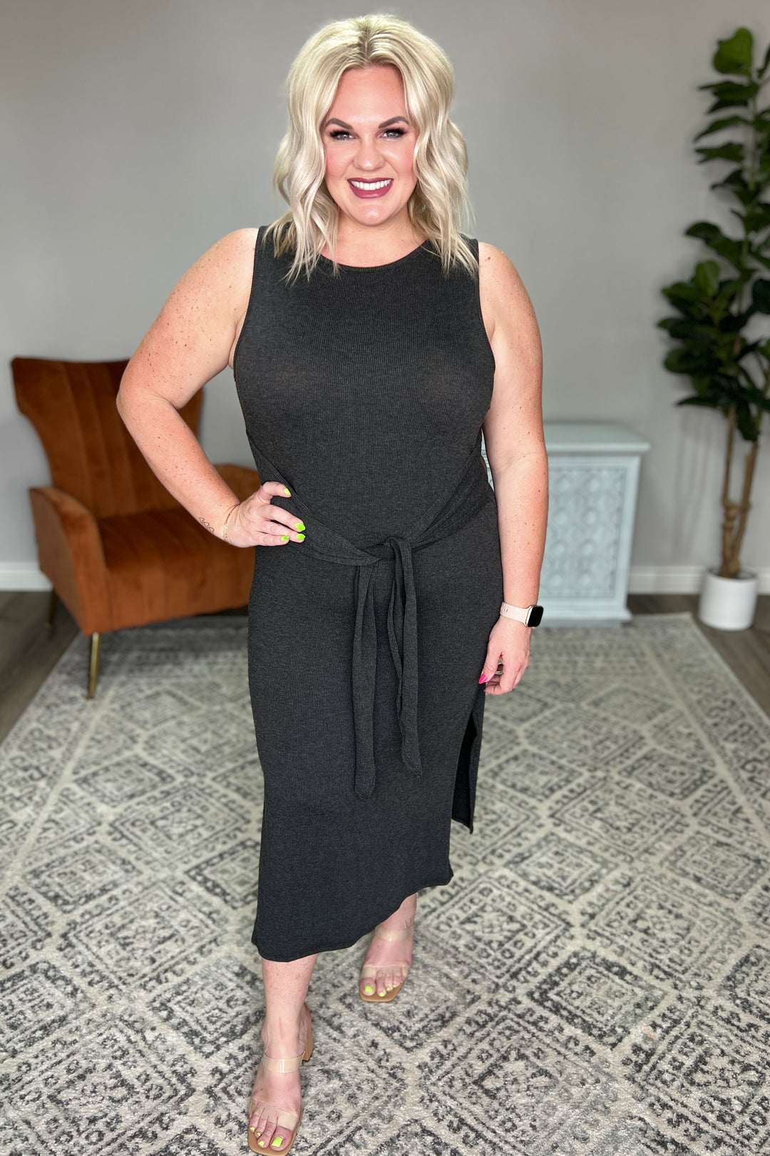 Out on the Town Tie Detail Midi Dress in Charcoal