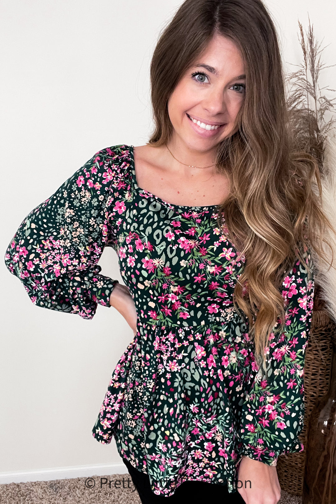 In My Thoughts Hunter Green Floral Babydoll Top